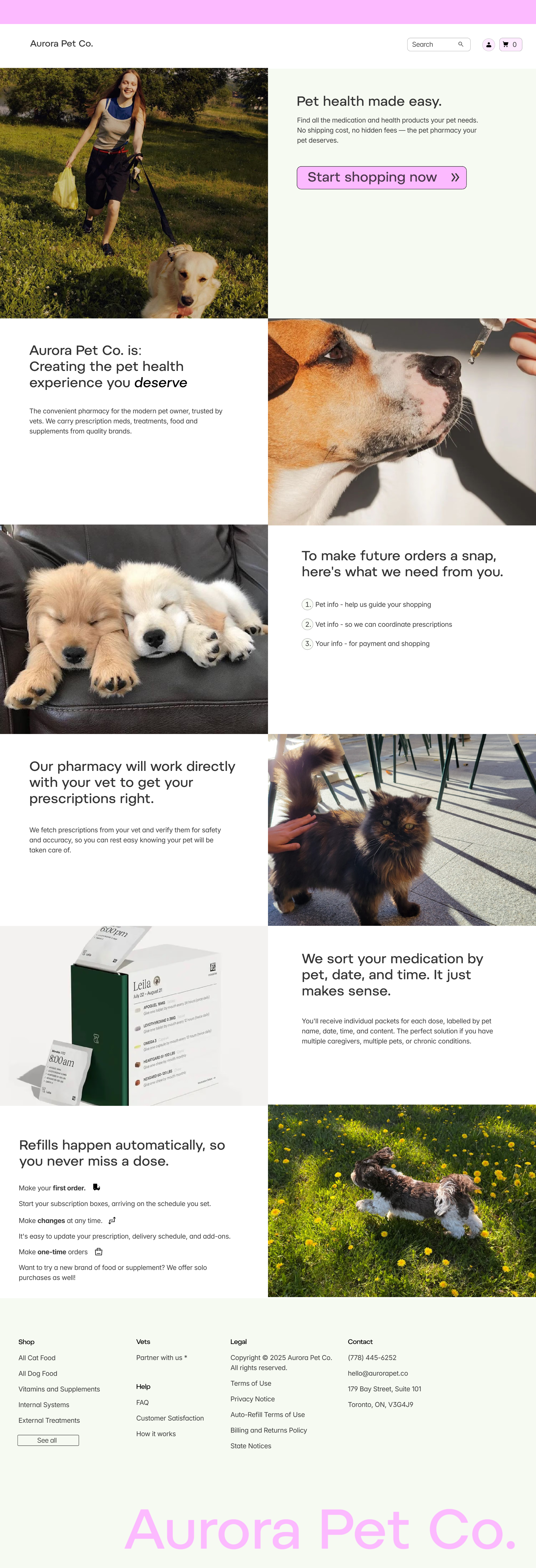 Aurora Pet Co. home screen