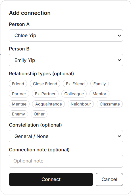 Add connection UI showing node linking